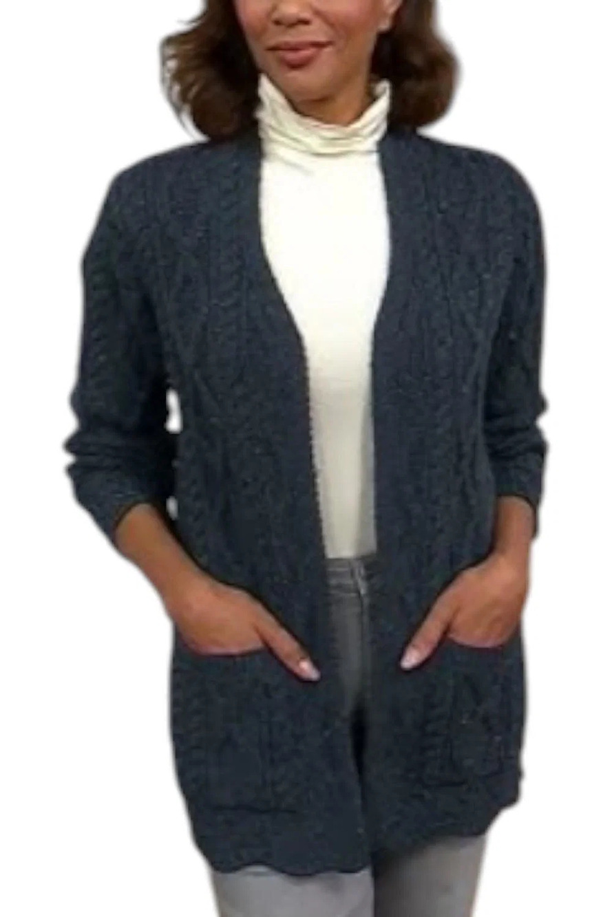 Aran Craft Women's Merino Wool Cardigan w Scalloped Trim Slate Blue - Regular